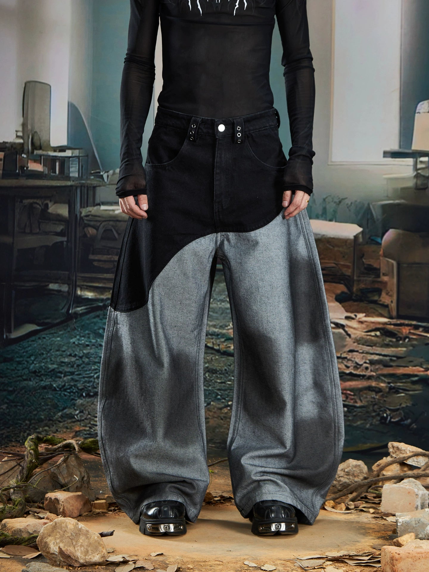 Patchwork Color Block Spray Paint Wide Leg Denim Jeans WN20576