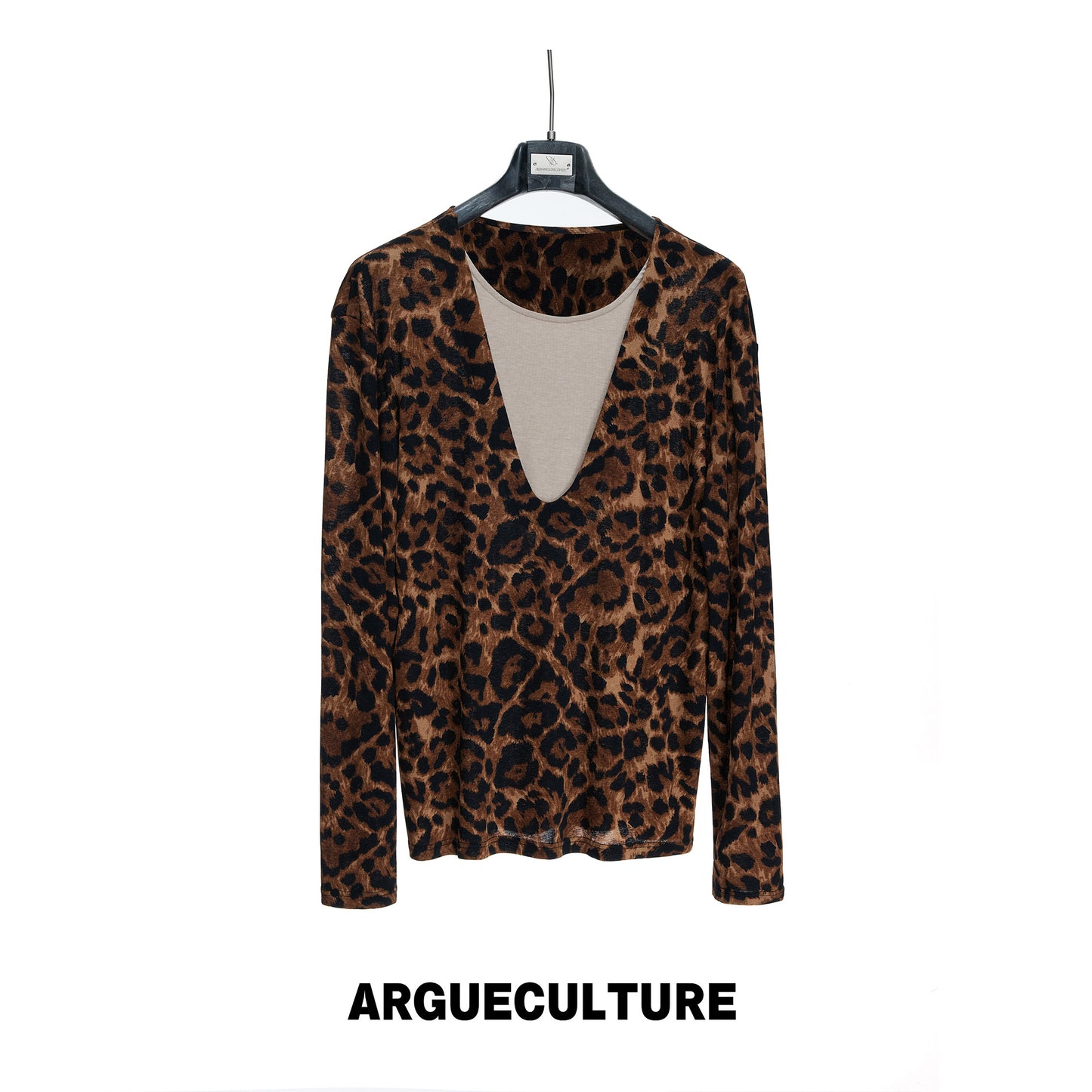 Leopard Print Deep V-Neck Fake Layered Stretch Long Sleeve T-Shirt WN27043