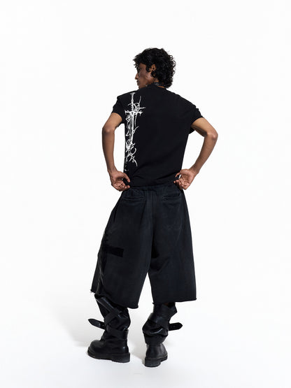 Cross Print Washed Raw-Edge Half Pants WN27433
