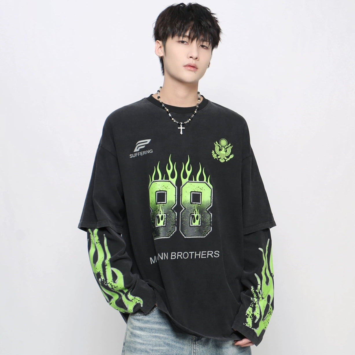 Graphic Print Fake Layered Long Sleeve T-Shirt WN21047