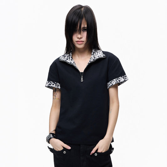 Leopard Trim Half-Zip Short Sleeve T-Shirt WN27258