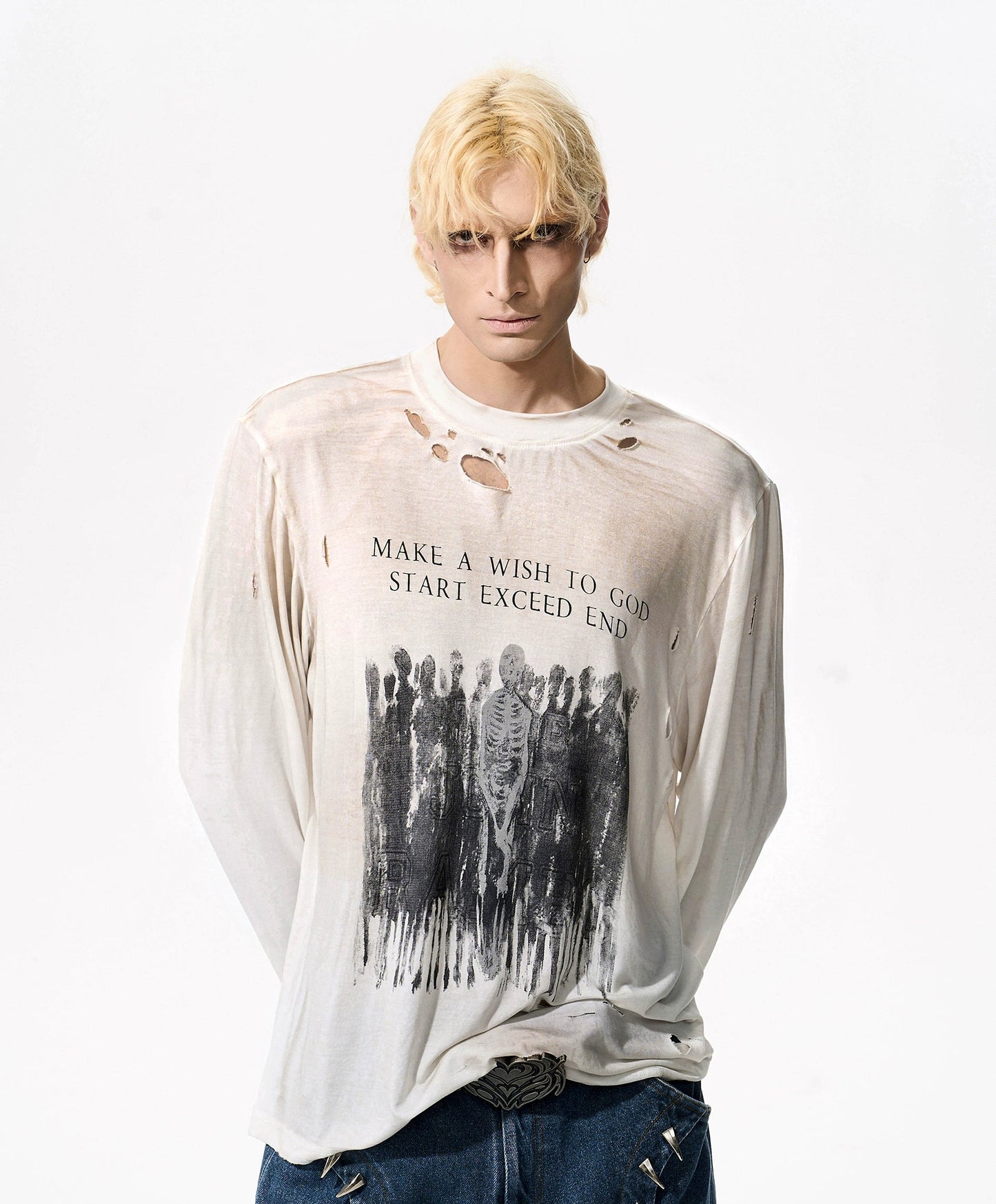 Skull Print Washed Damage Long Sleeve T-Shirt WN21771