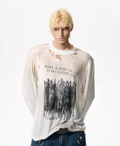 Skull Print Washed Damage Long Sleeve T-Shirt WN21771