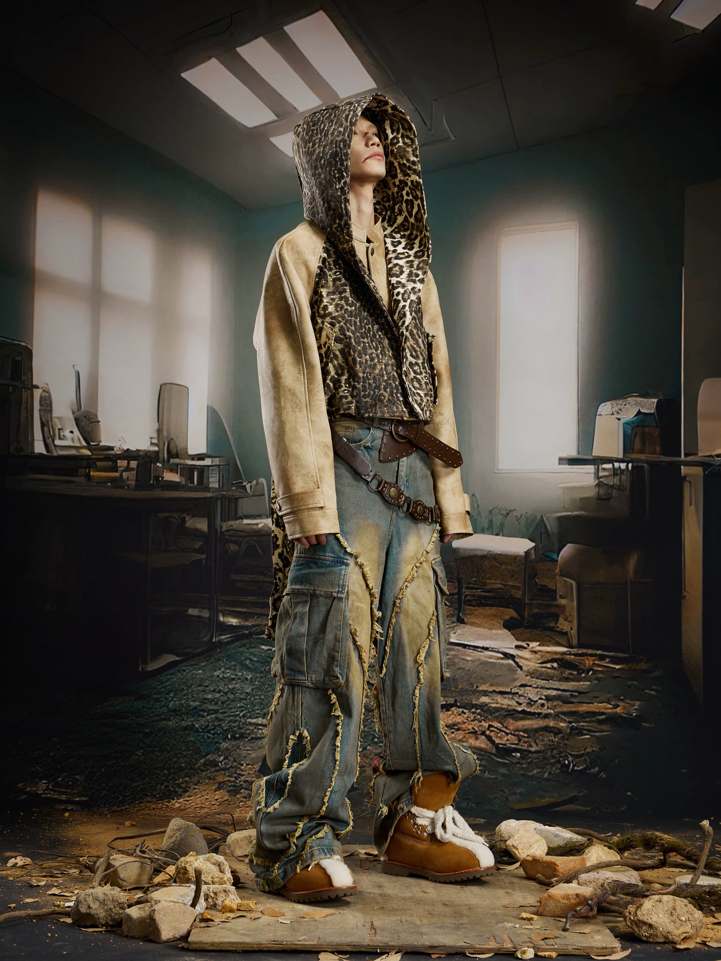 Washed Damage Fringe Pocket Paint Wide Leg Cargo Denim Jeans WN21382