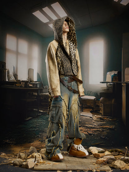 Washed Damage Fringe Pocket Paint Wide Leg Cargo Denim Jeans WN21382