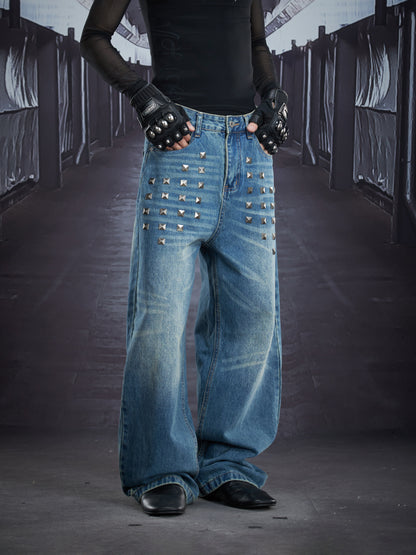 Heavy Metal Stud Whisker Wash Straight Denim Jeans WN22883