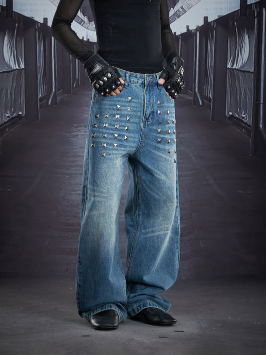 Heavy Metal Stud Whisker Wash Straight Denim Jeans WN22883