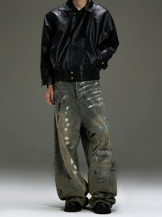 Heavyweight Graffiti Splashed Ink Design Wide Leg Straight Denim Jeans WN8444