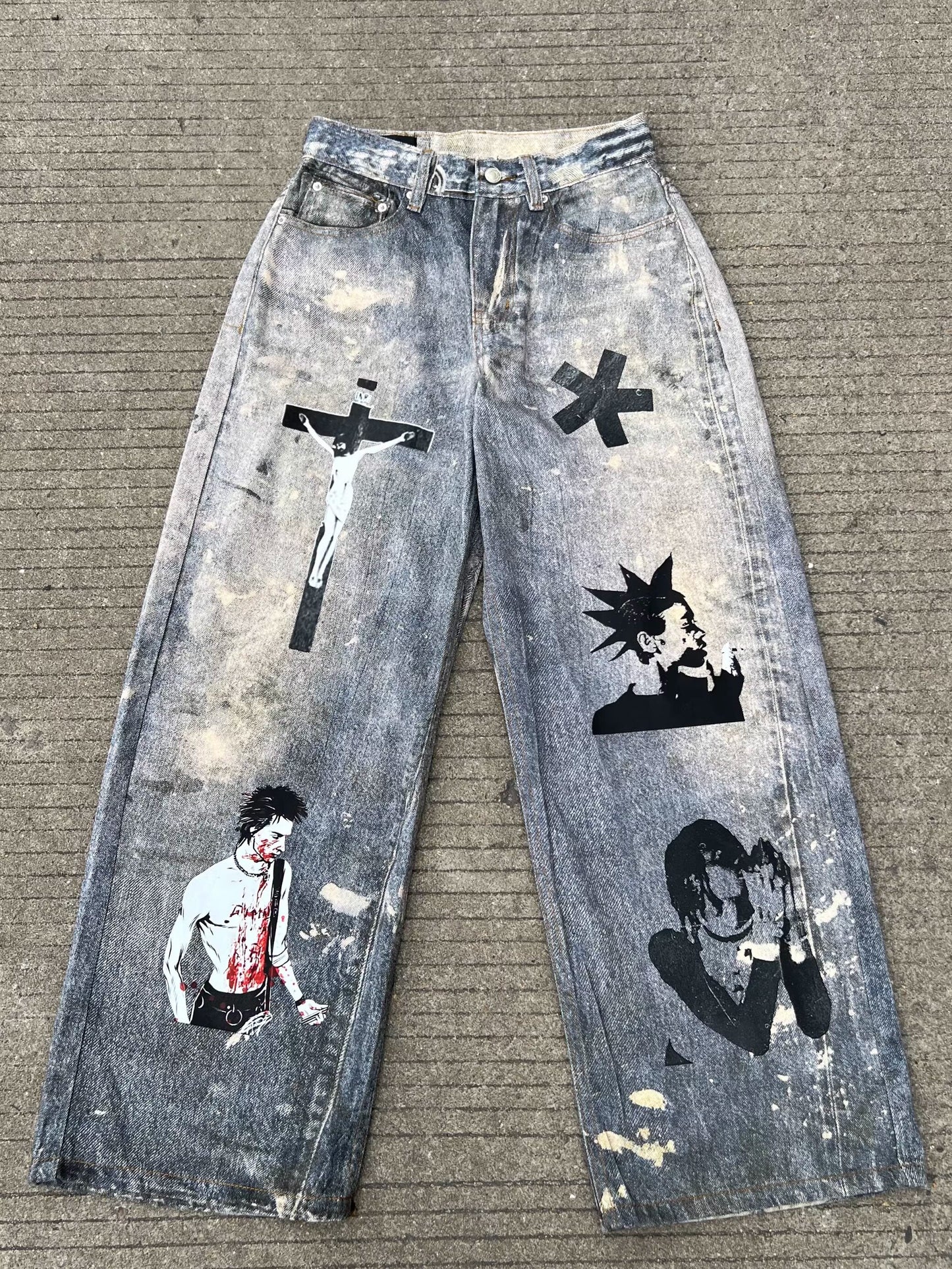 3D Print Wide Leg Denim Jeans WN24098