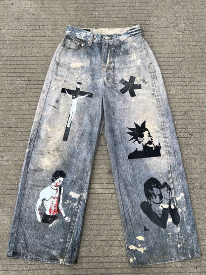 3D Print Wide Leg Denim Jeans WN24098