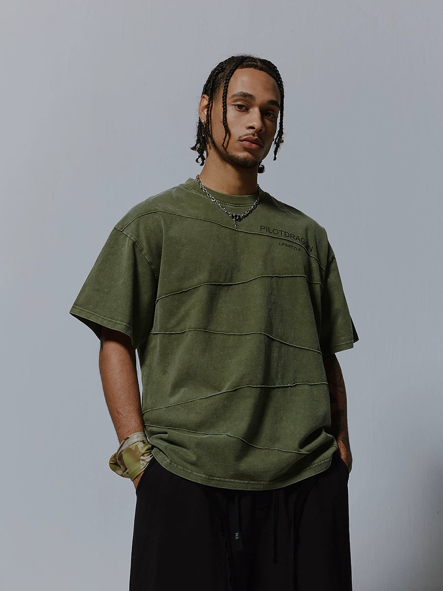 Washed Irregular Line Letter Print Short Sleeve T-Shirt WN17502