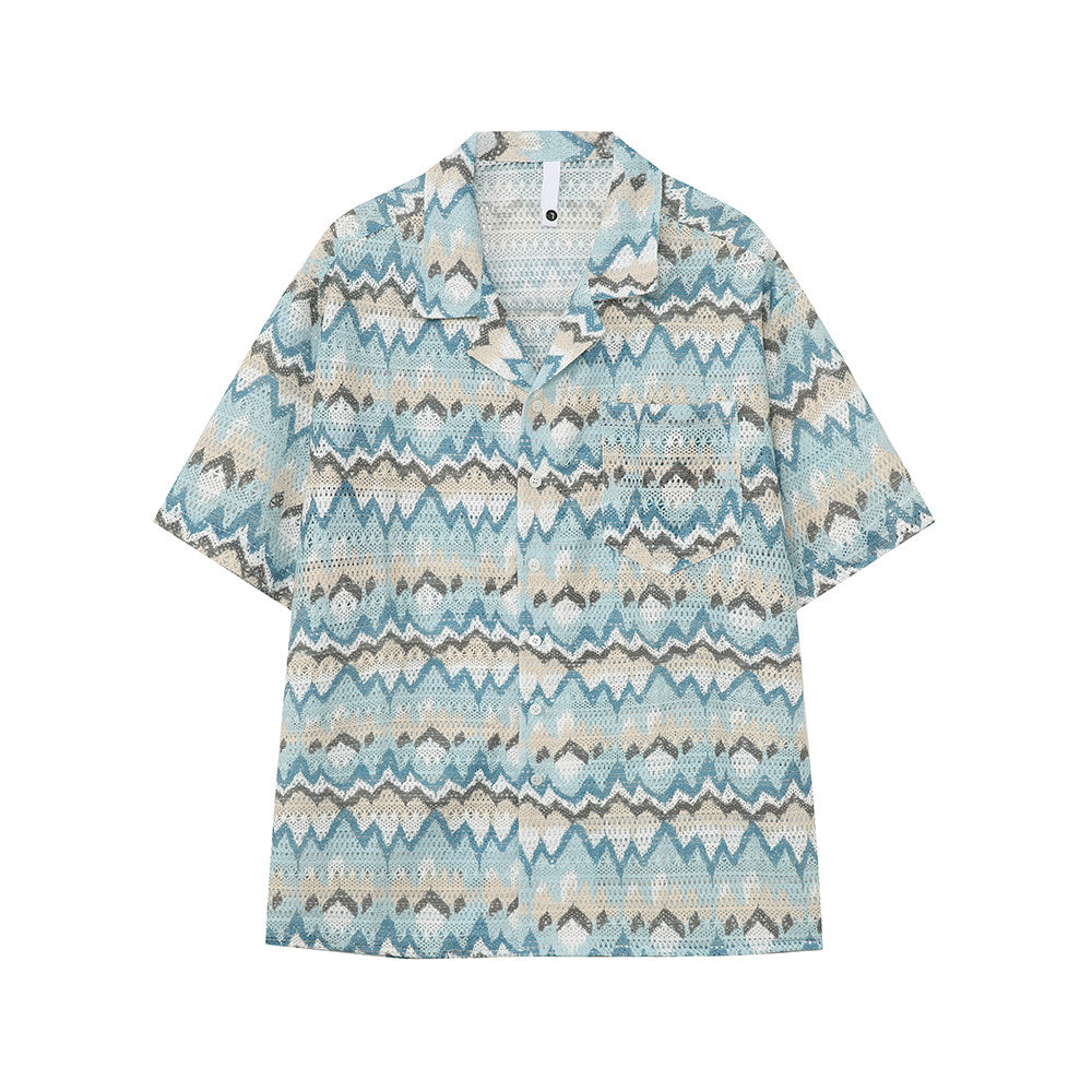 Wave Pattern Open Collar Short Sleeve Shirt WN24883
