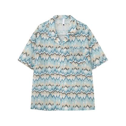 Wave Pattern Open Collar Short Sleeve Shirt WN24883
