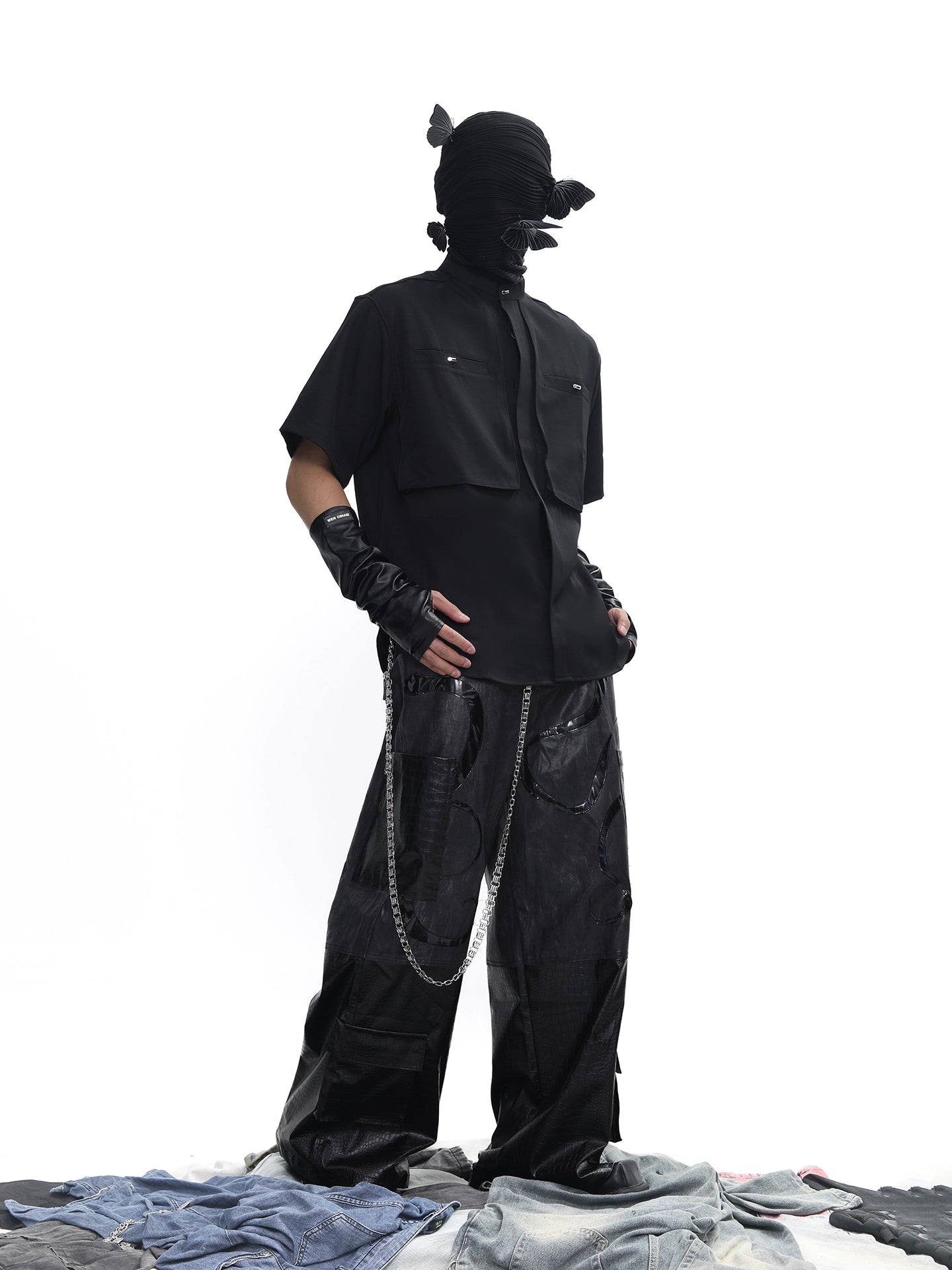 Stand Neck Half-Length Double Placket Pocket Short Sleeve Shirt WN18644