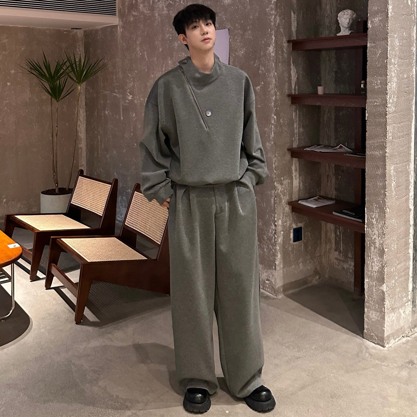 Button Drape Sweatshirt & Pleats Wide Leg Sweatpants Setup WN25206