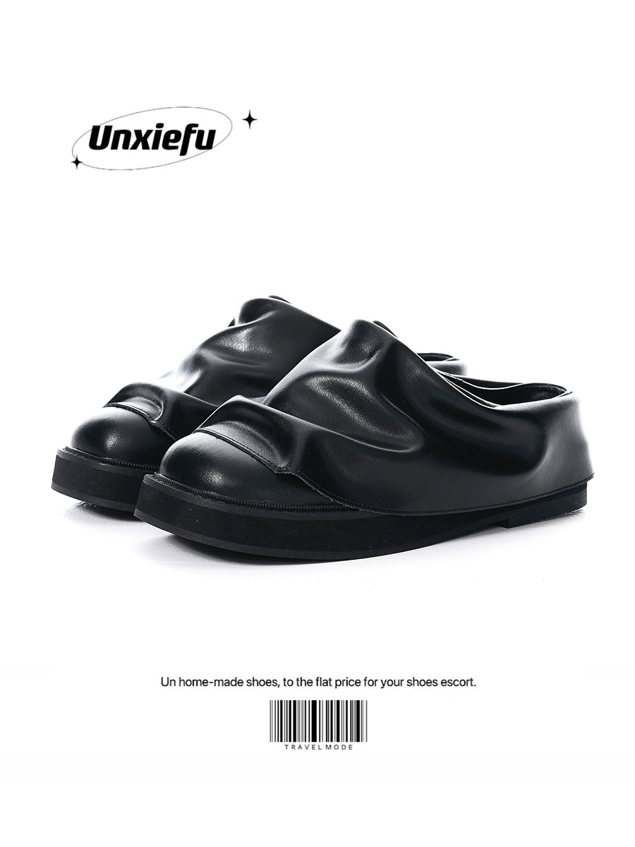 Wrinkled Chunky Sole Leather Mule Shoes WN20799