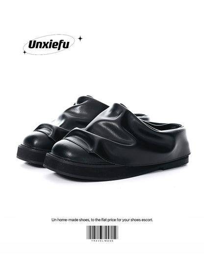 Wrinkled Chunky Sole Leather Mule Shoes WN20799