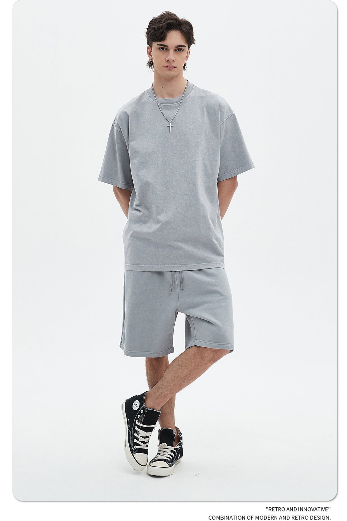 Oversize Washed Short-sleeve-T-shirt & Washed Short Sweatpants Setup WN6633-K