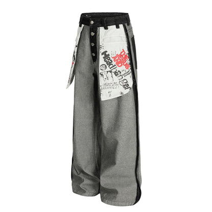 Print Deconstruction Wide Leg Denim Jeans WN25871