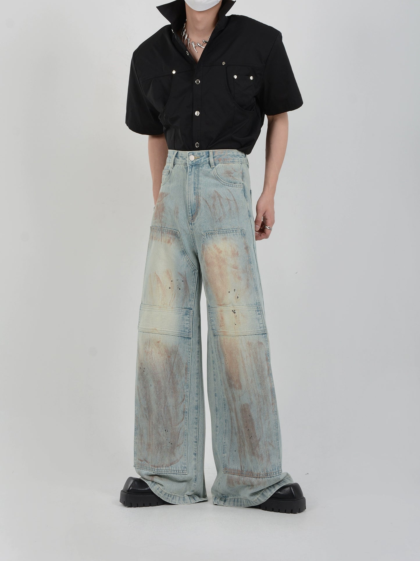 Washed Wide-Leg Straight Denim Jeans WN7113