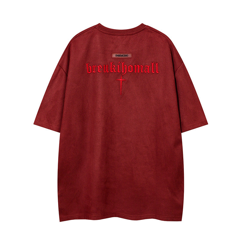 Cross Embroidery Suede Oversize Short Sleeve T-Shirt WN16554