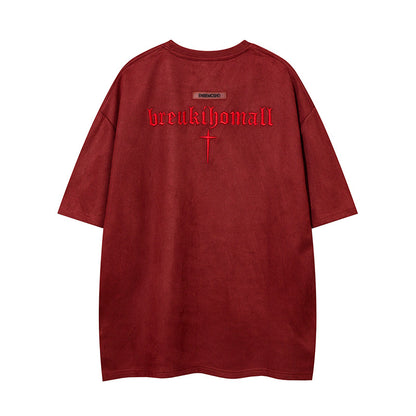 Cross Embroidery Suede Oversize Short Sleeve T-Shirt WN16554