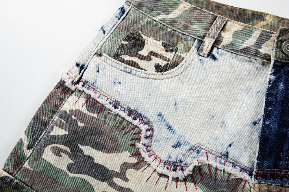 Denim Camouflage Patchwork Multi-Pocket Wide Leg Cargo Pants WN27858