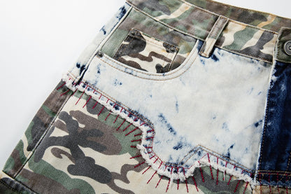 Denim Camouflage Patchwork Multi-Pocket Wide Leg Cargo Pants WN27858