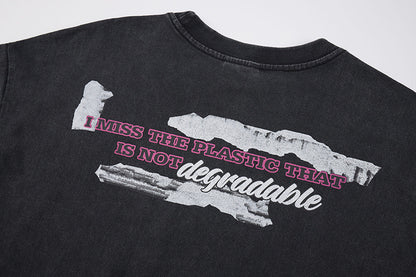 Washed Portrait Letter Print Short Sleeve T-Shirt WN25764