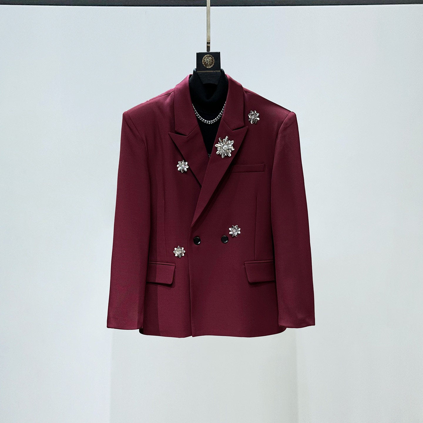 Metal Brooch Tailored Jacket & Flare Trousers Setup WN23949