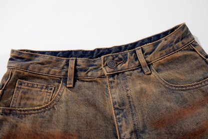 Mud Dye Washed Whisker Wide Leg Denim Jeans WN27904