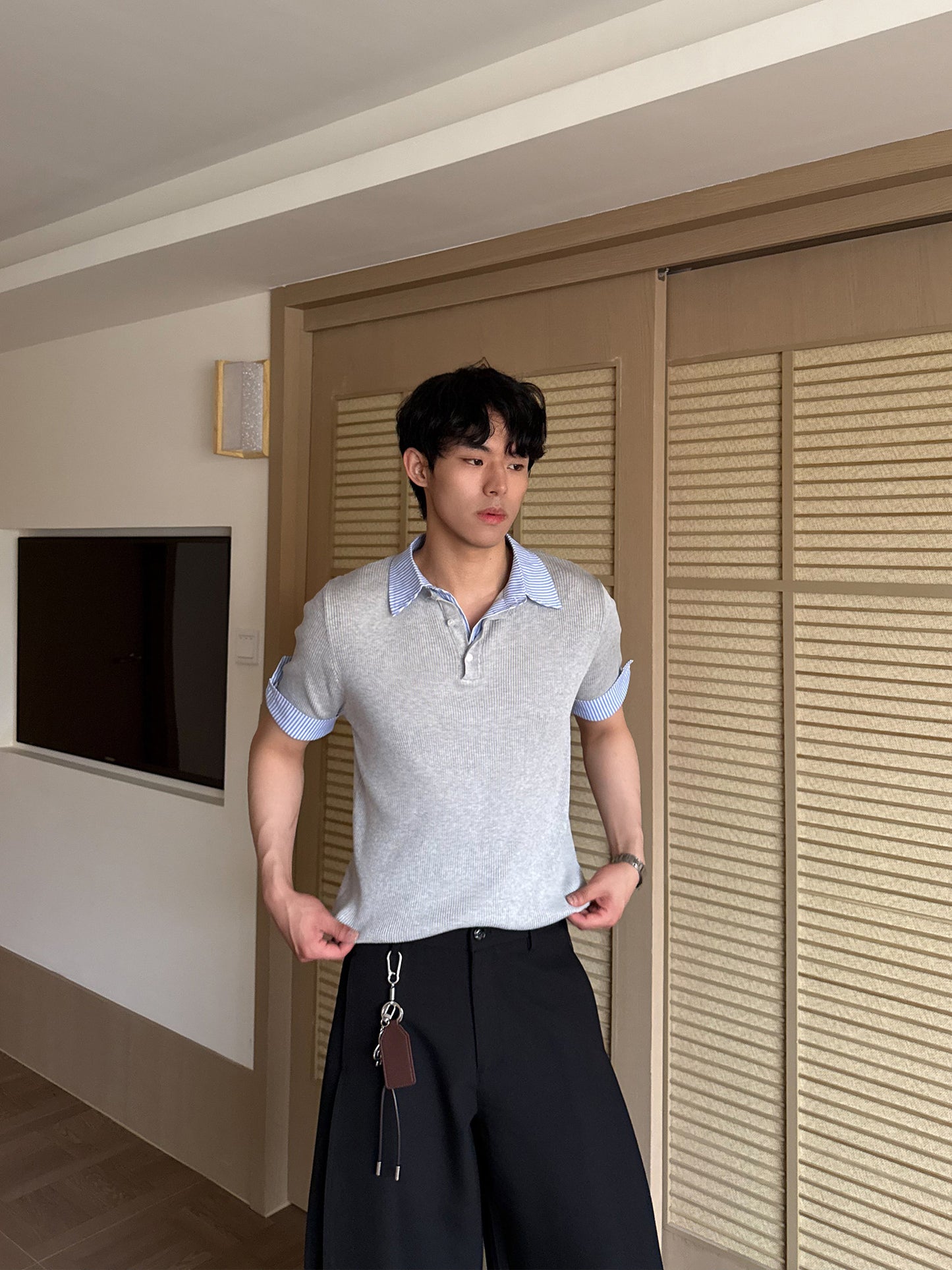 Fake Layered Stripe Collar Short Sleeve Polo Shirt WN24899