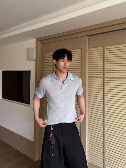 Fake Layered Stripe Collar Short Sleeve Polo Shirt WN24899