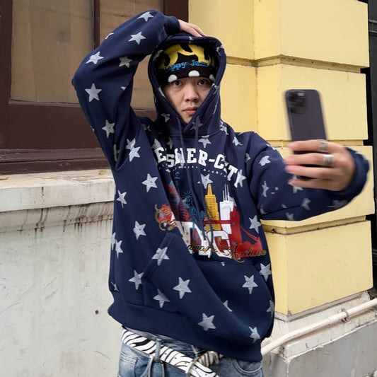 Star Print Fleece Oversize Pullover Hoodie WN24359