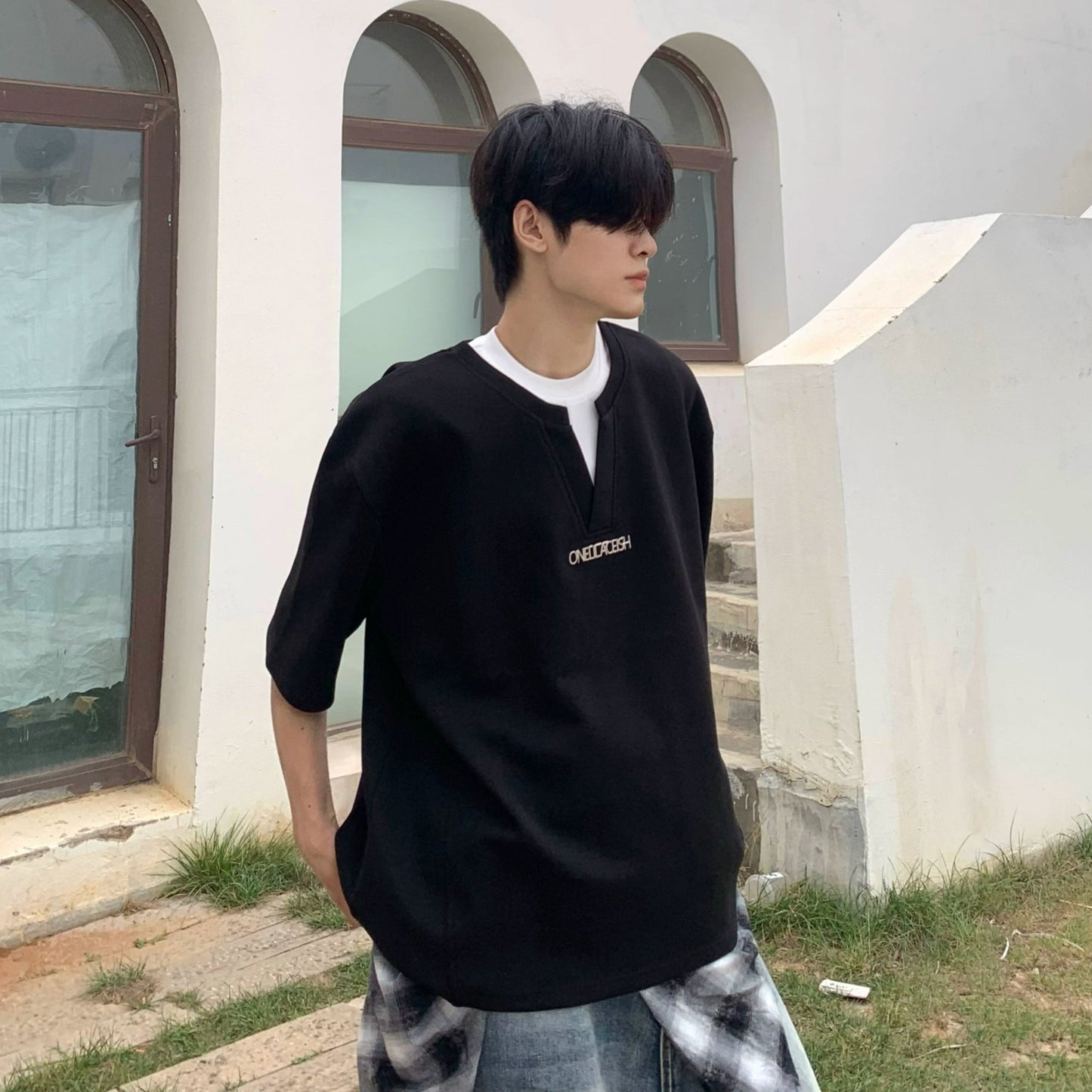 Fake Layered Heavyweight Oversize Short Sleeve T-Shirt WN19915