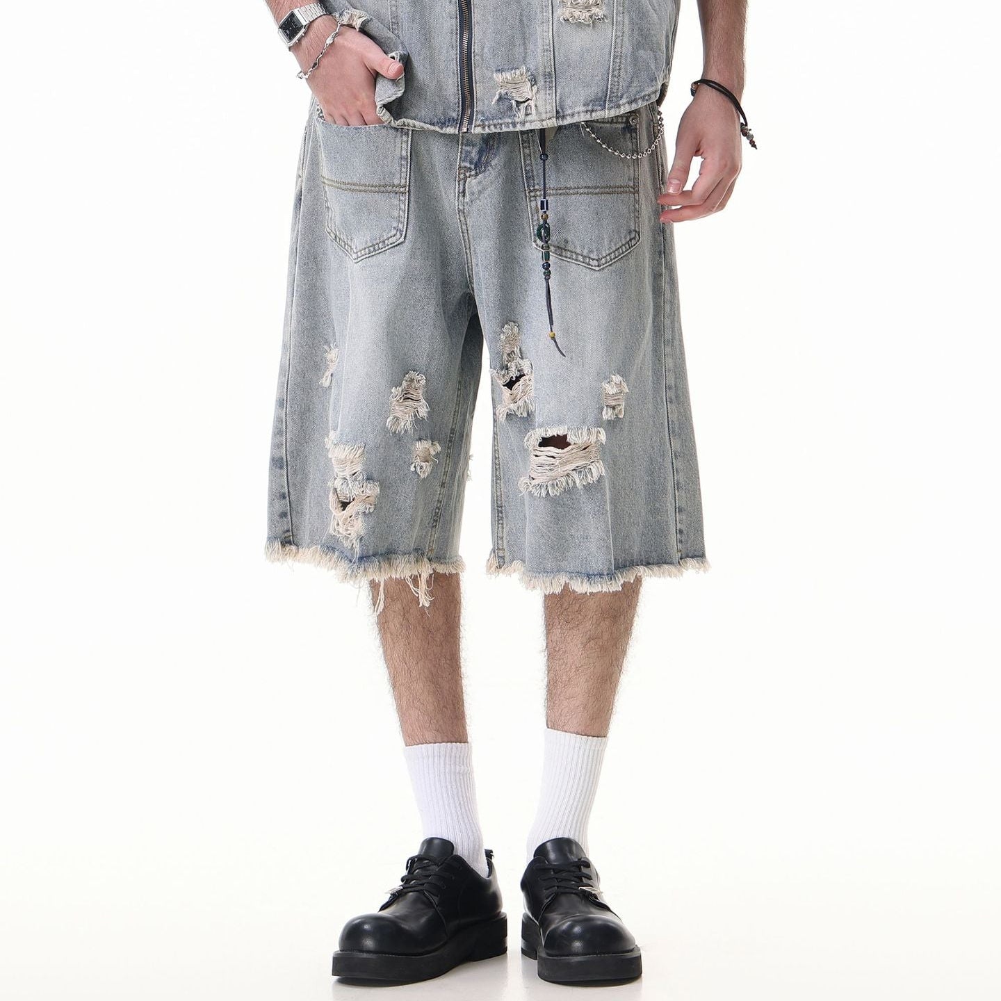 Washed Damage Wide Leg Denim Short Pants WN25596