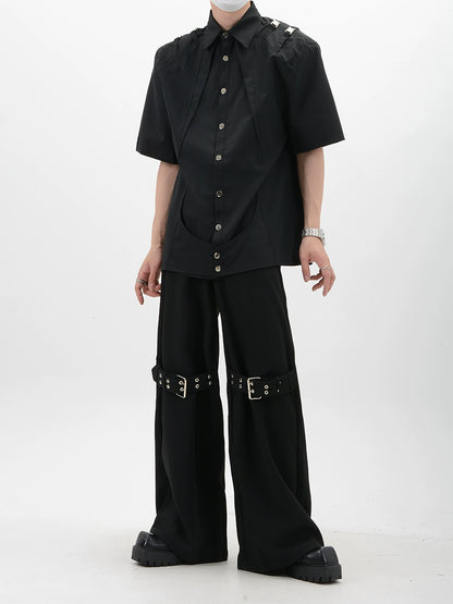 Metal Buckle Design Oversize Short Sleeve Shirt WN6106