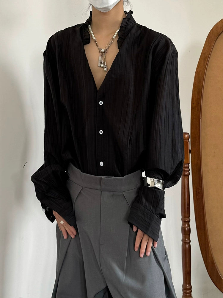 Pleats Lace V-Neck Elegant Long Sleeve Shirt WN19992