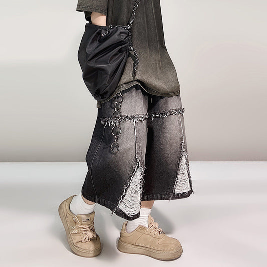 Ripped Wide Leg Denim Half Jeans WN24015