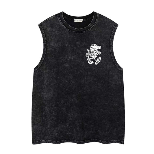 Washed Skeleton Crocodile Letter Print Sleeveless T-Shirt WN26882