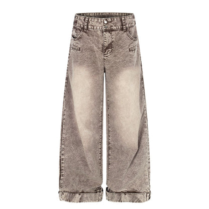 Washed Damage Wide Leg Curved Denim Jeans WN25860