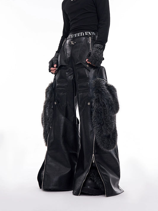 Fake Fur Patchwork PU Leather Wide-Leg Pants WN11681