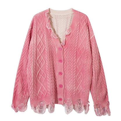 Washed Fringe Damage Hem Knit Cardigan WN10921