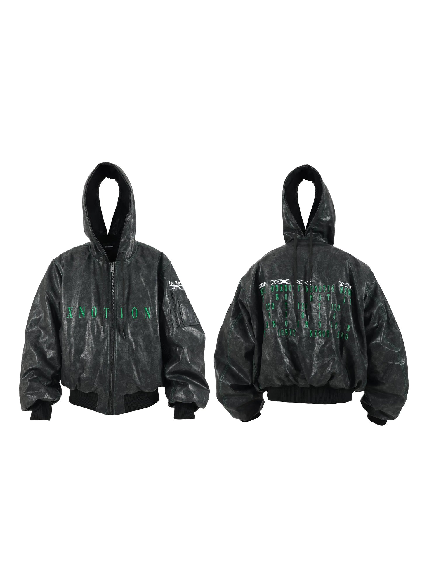 Cracked PU Leather Oversize Hooded Puffer Jacket WN17212