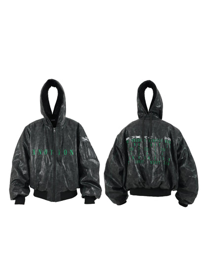 Cracked PU Leather Oversize Hooded Puffer Jacket WN17212