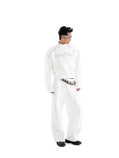 Pin Detail Stand Neck Zipper Sweatshirt &Wide Leg Pants Setup WN20649