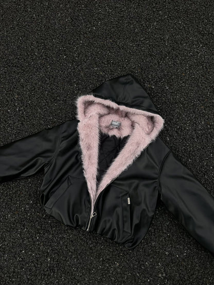 Fake Fur Lining Hooded PU Leather Jacket WN28066