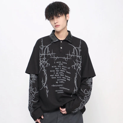 Gothic Print Fake Layered Waffle Long Sleeve T-Shirt WN21030