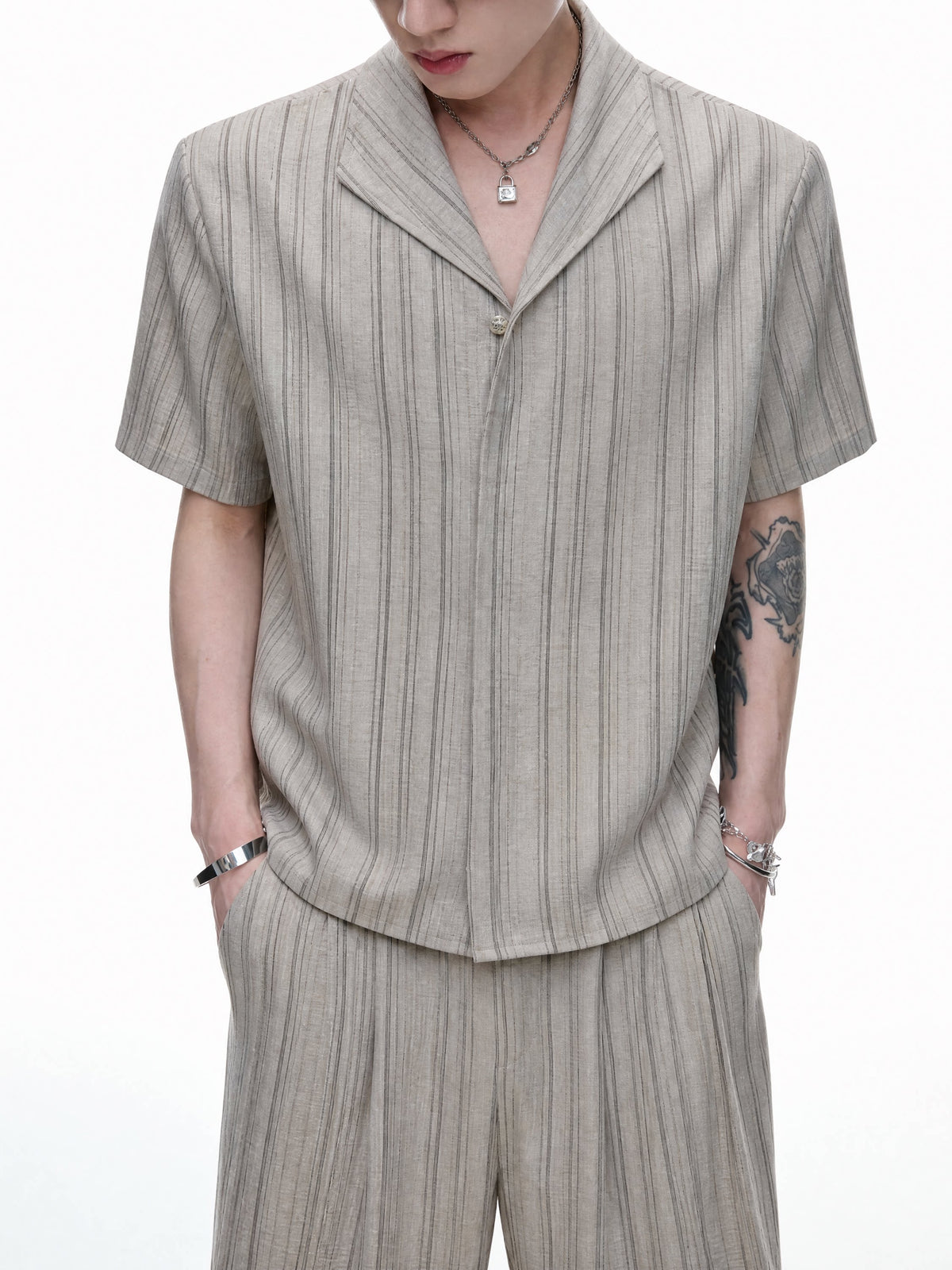 Cuban-Collar Stripe Short Sleeve Shirt & Wide Leg Pants Setup WN27022