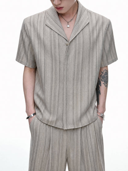 Cuban-Collar Stripe Short Sleeve Shirt & Wide Leg Pants Setup WN27022